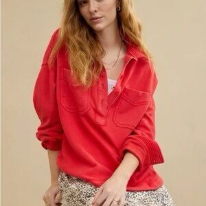 Aerie Popover Polo Oversized Sweatshirt Brushed Red Size Small